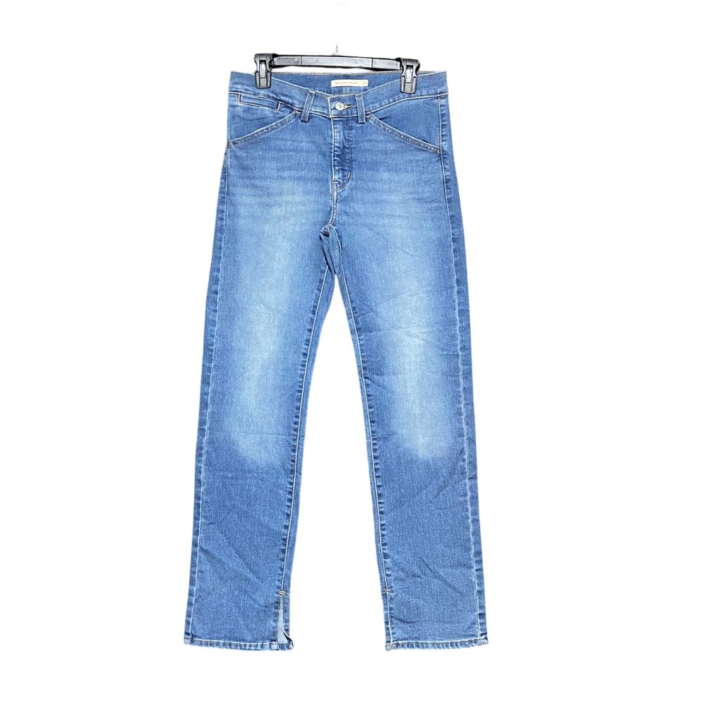 Levis 314 Shaping Straight Jeans Womens 29 Blue Medium Wash Slit Hem Mid Rise